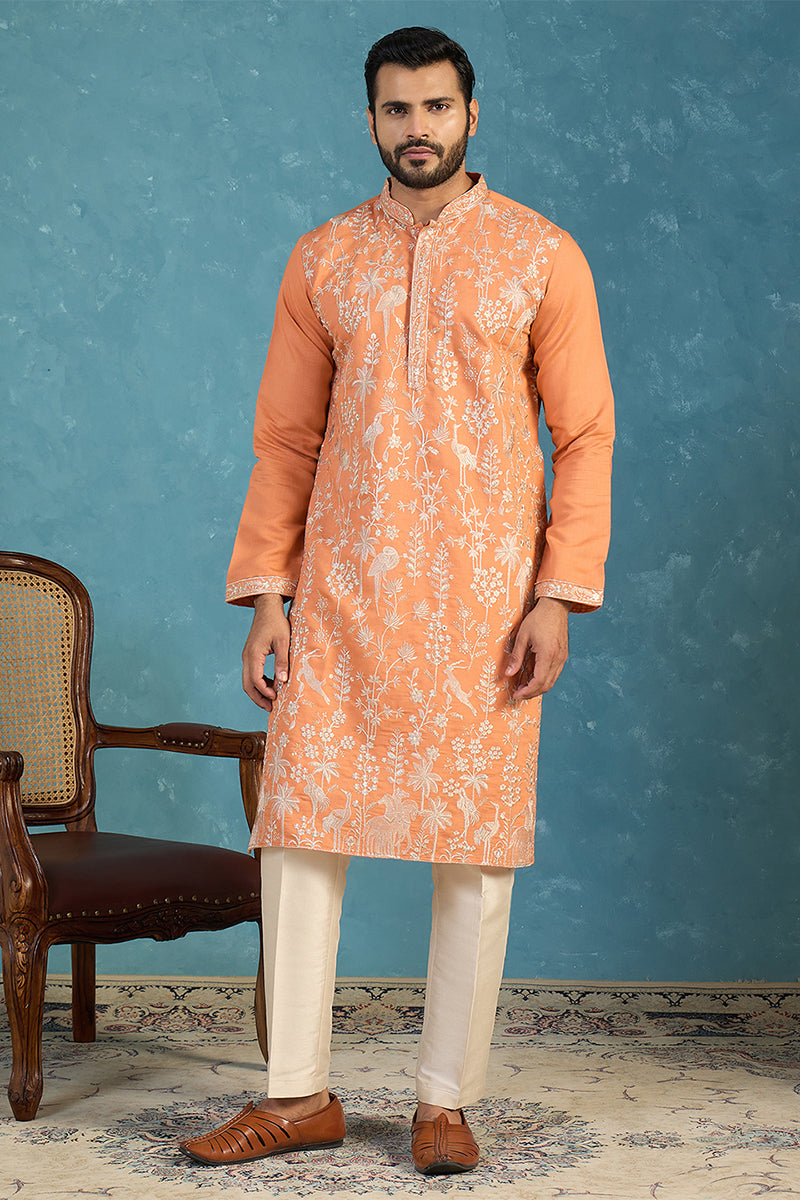Mens Orange Modal Embroidered Calf Length Straight Regular Kurta