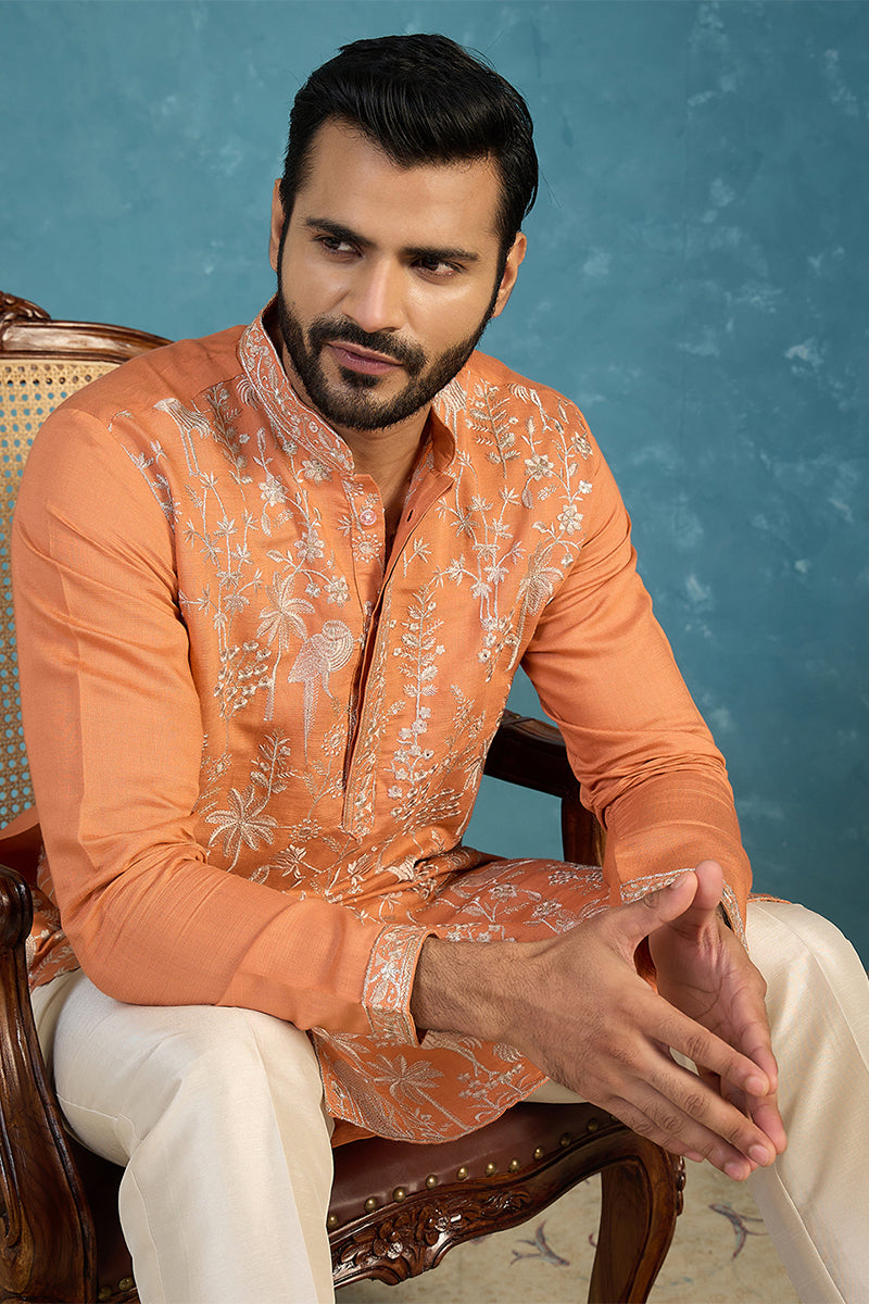 Mens Orange Modal Embroidered Calf Length Straight Regular Kurta