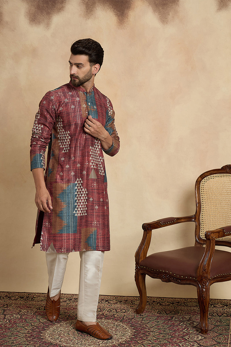 Brown Silk Blend Printed Straight Kurta MKU2177