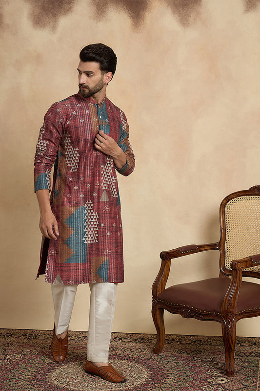 Brown Silk Blend Printed Straight Kurta With Trousers MKSET2177