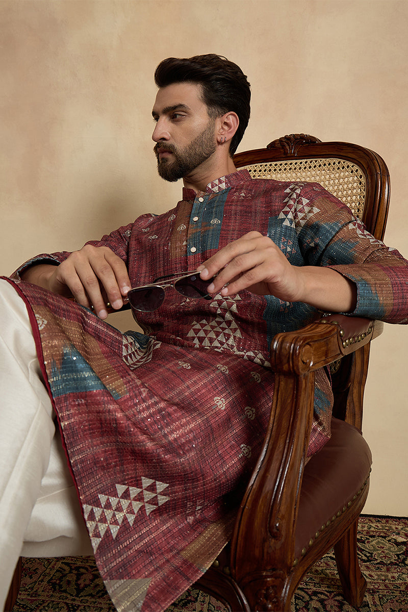 Brown Silk Blend Printed Straight Kurta
