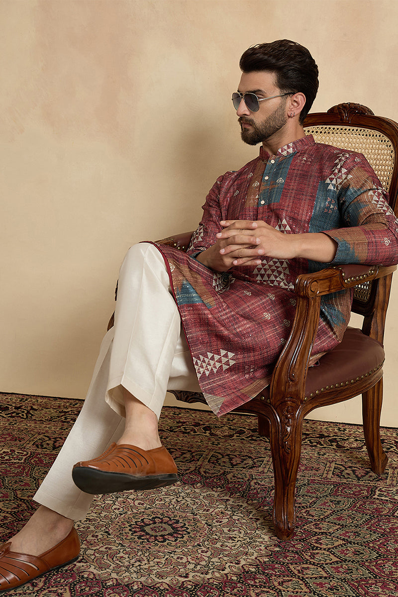Brown Silk Blend Printed Straight Kurta