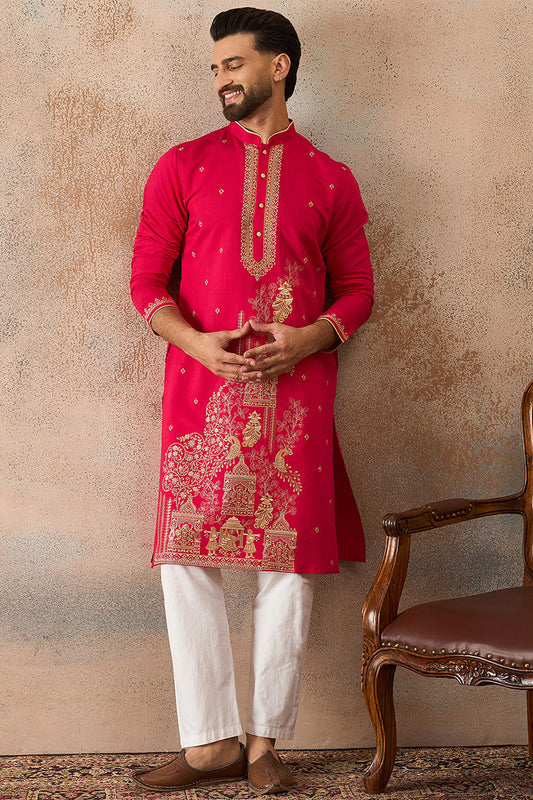 Mens Pink Viscose Rayon Solid Emboidered Straight Kurta