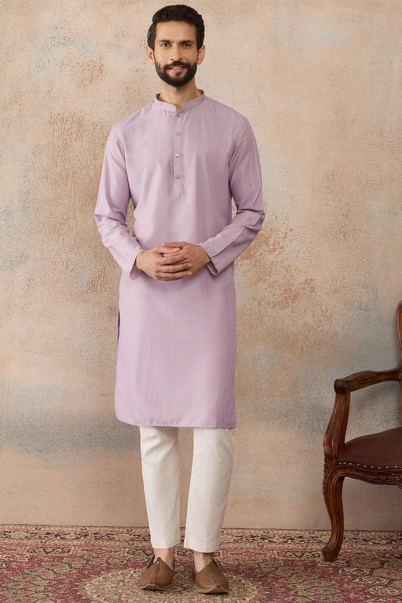 Mens Lavender Silk Blend Solid Solid Kurta
