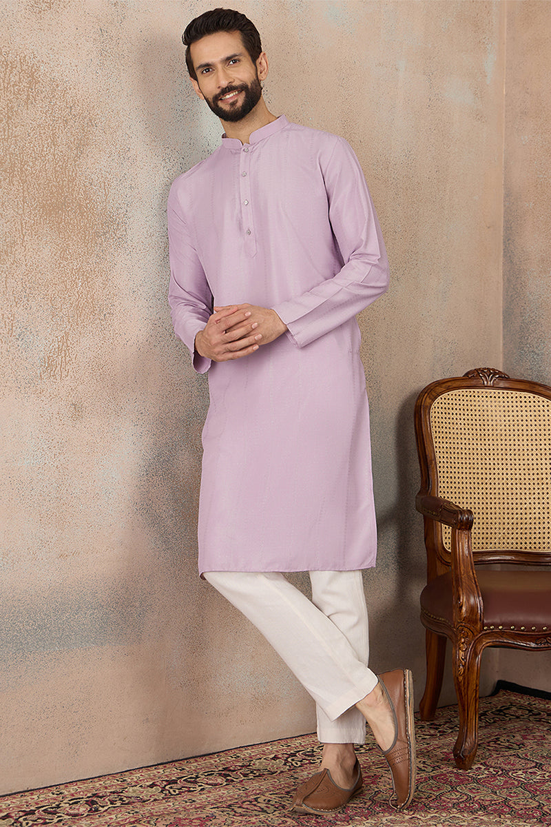 Mens Lavender Silk Blend Solid Solid Kurta