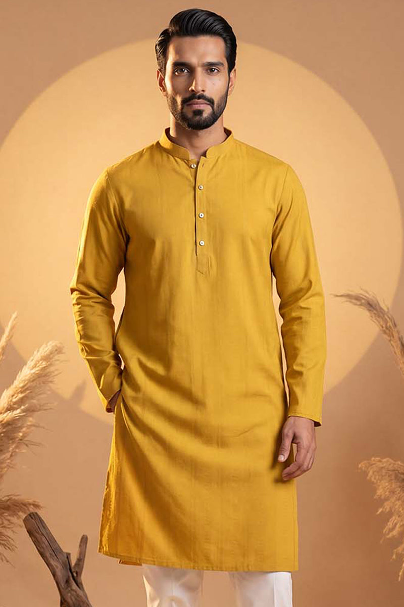 Mens Yellow Silk Blend Solid Solid Kurta MKU2222