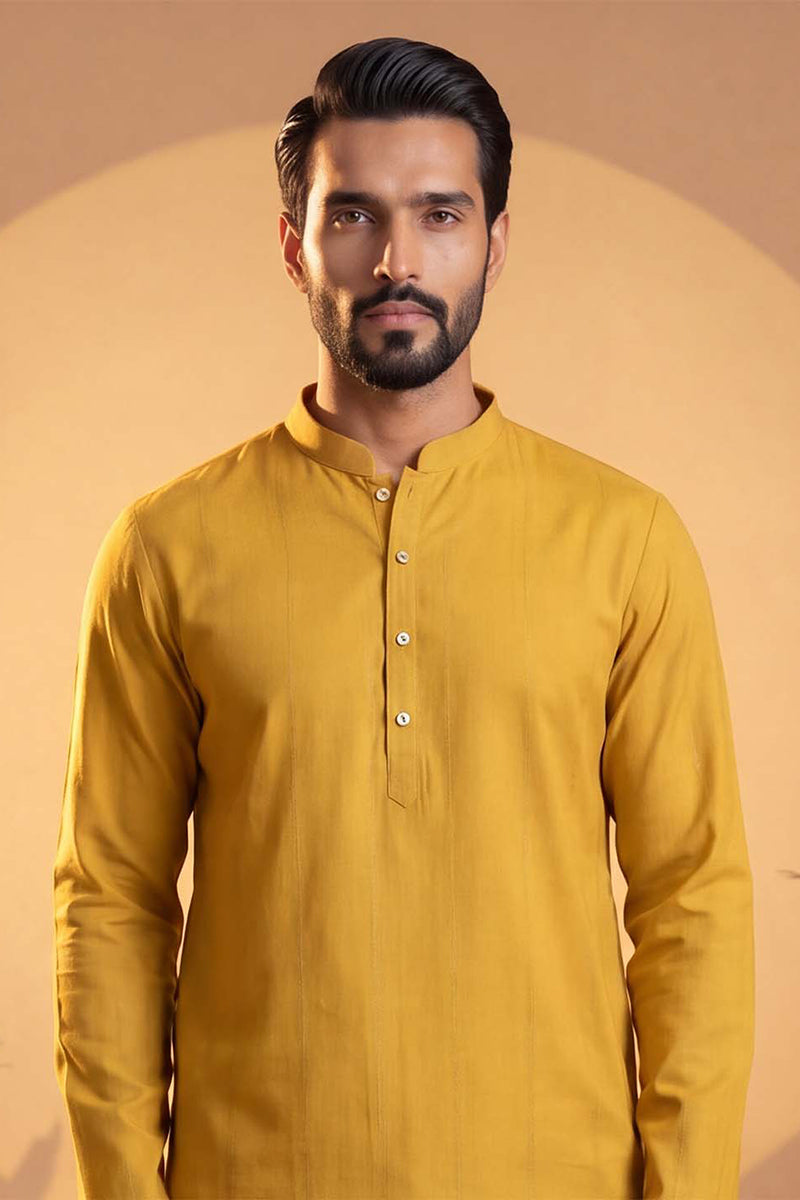 Mens Yellow Silk Blend Solid Solid Kurta MKU2222