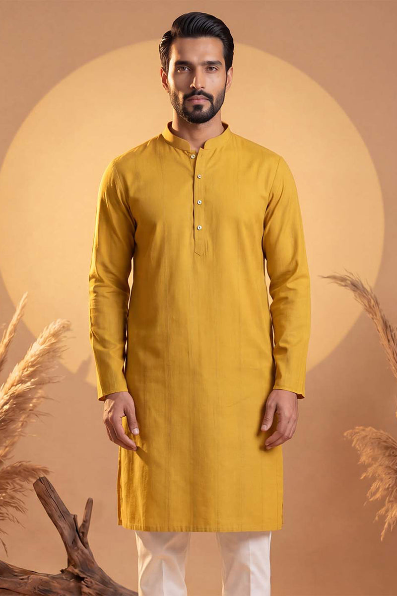 Mens Yellow Silk Blend Solid Solid Kurta