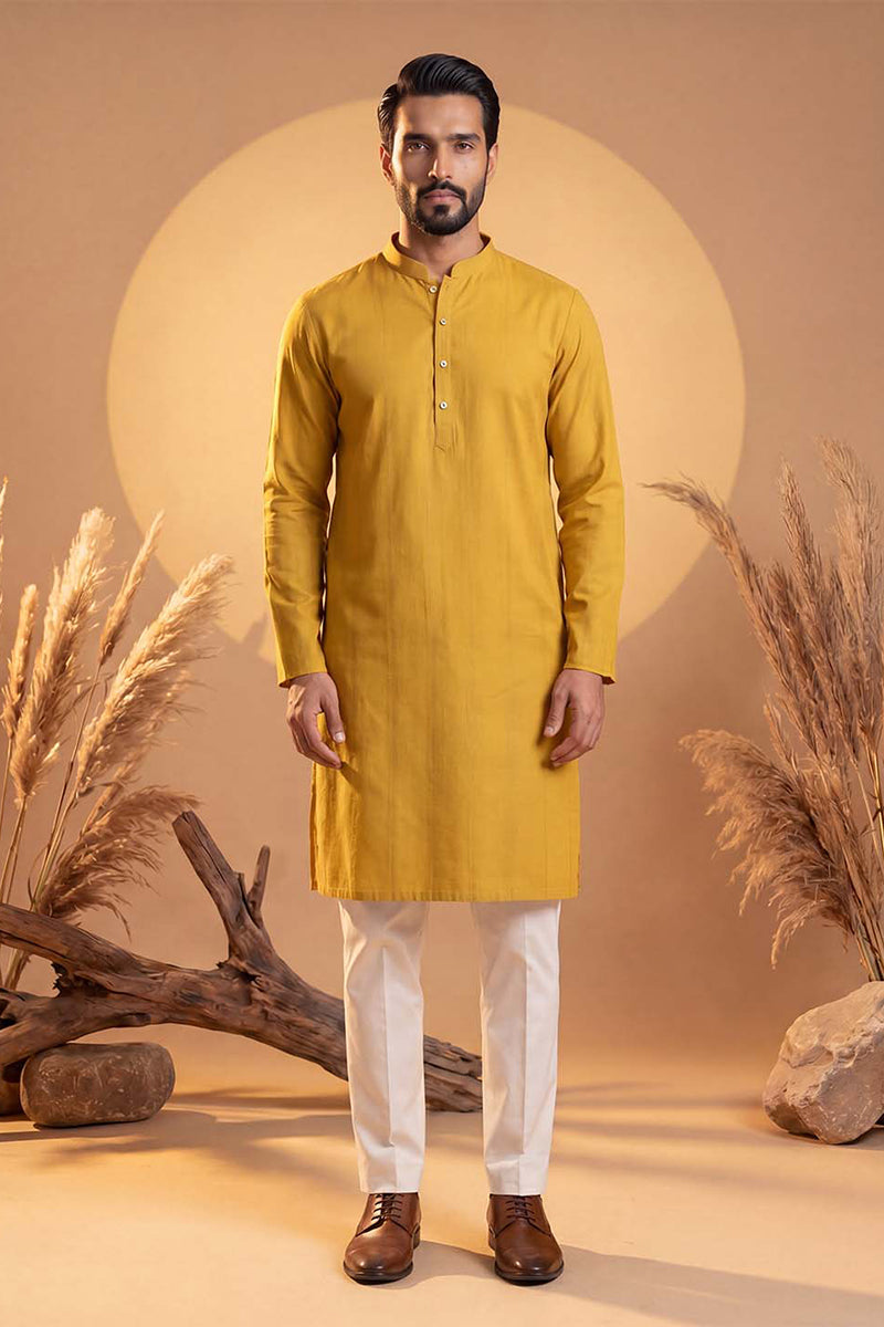 Mens Yellow Silk Blend Solid Solid Kurta