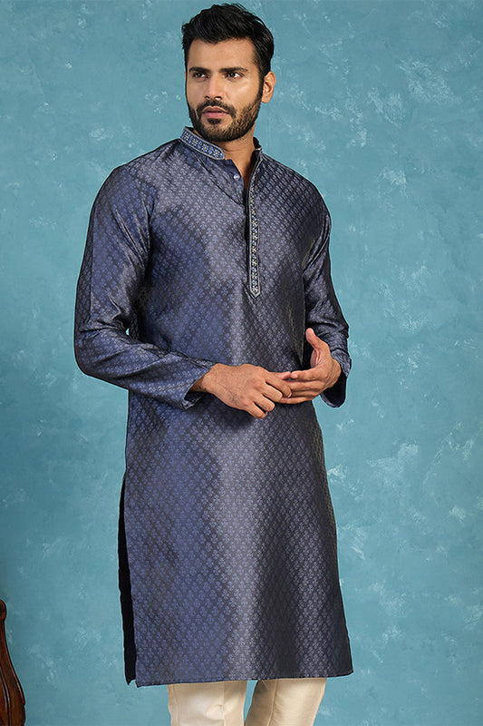 Mens Blue Jacquard Woven Design Straight Kurta With Trouser MKSET2227