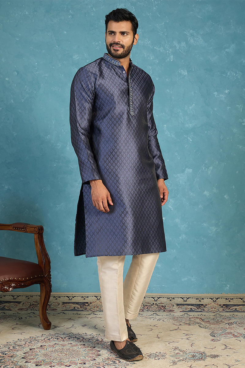 Mens Blue Jacquard Woven Design Straight Kurta With Trouser MKSET2227