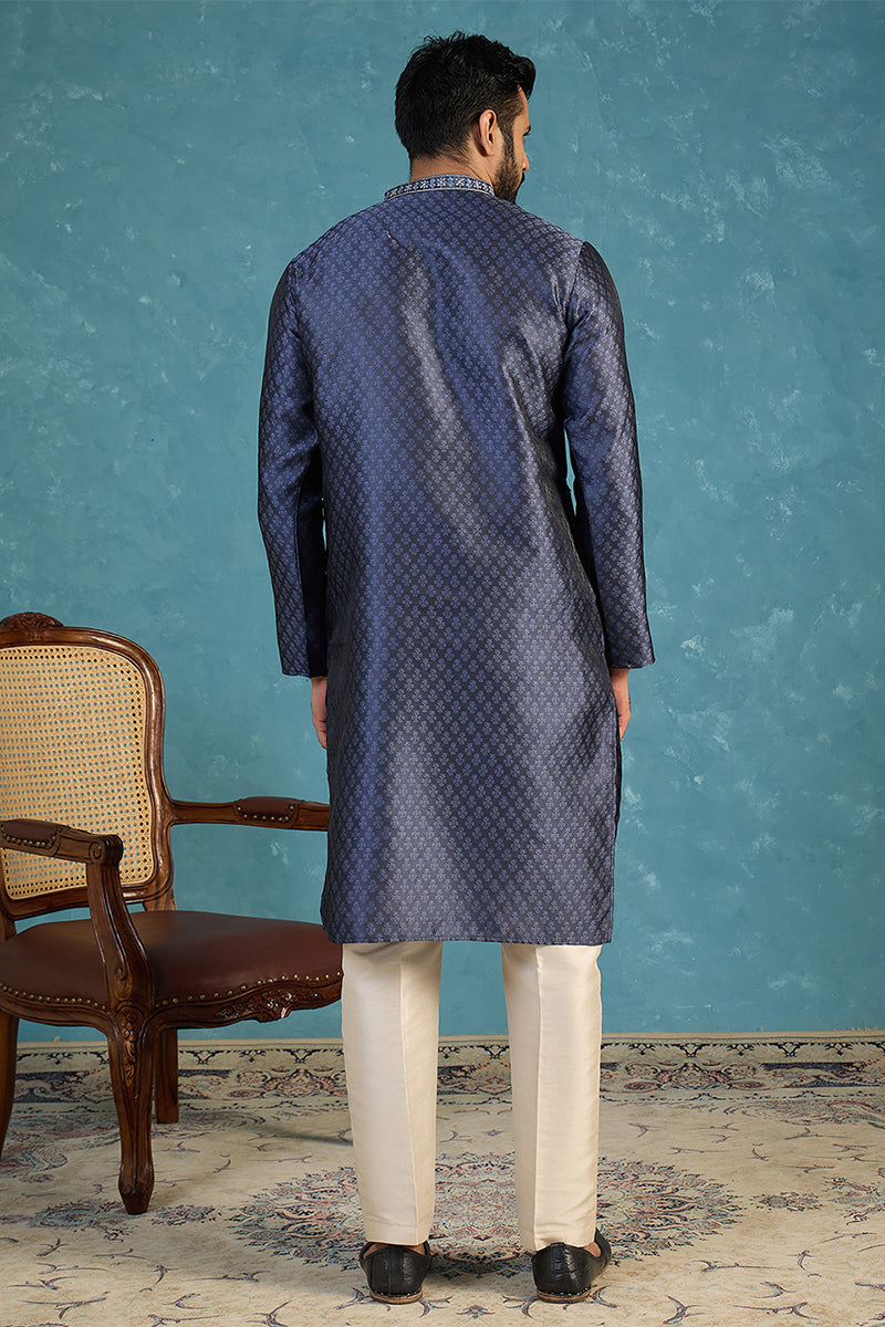 Mens Blue Jacquard Woven Design Straight Kurta With Trouser MKSET2227