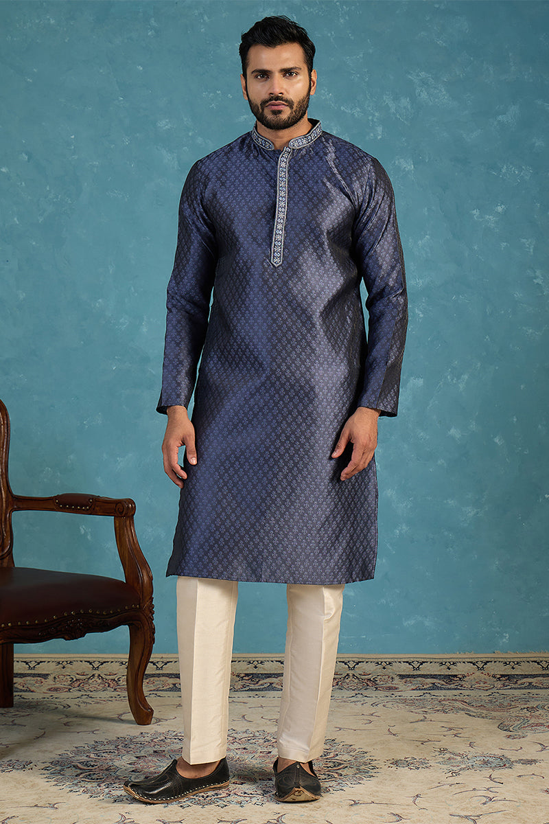 Mens Blue Jacquard Woven Design Straight Kurta With Trouser