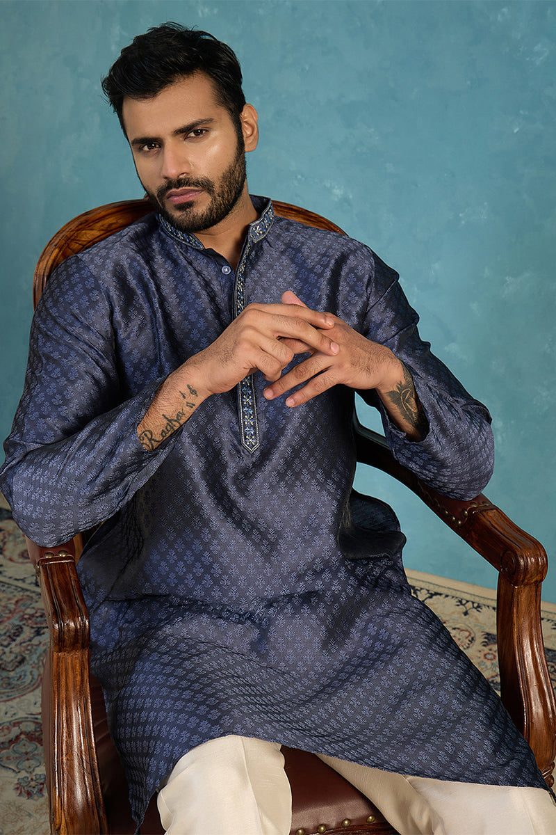 Mens Blue Jacquard Woven Design Straight Kurta With Trouser