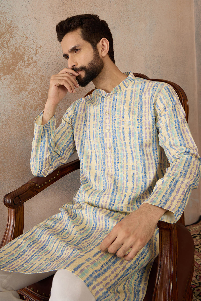 Mens Multi Silk Blend Abstract Printed Kurta With Trousers