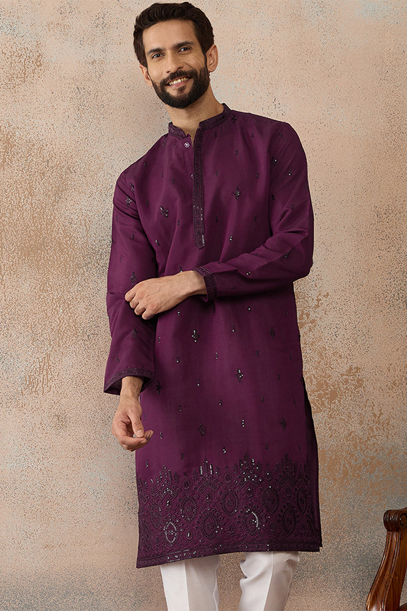 Men Purple Silk Blend Embroidered Straight Kurta MKU2288