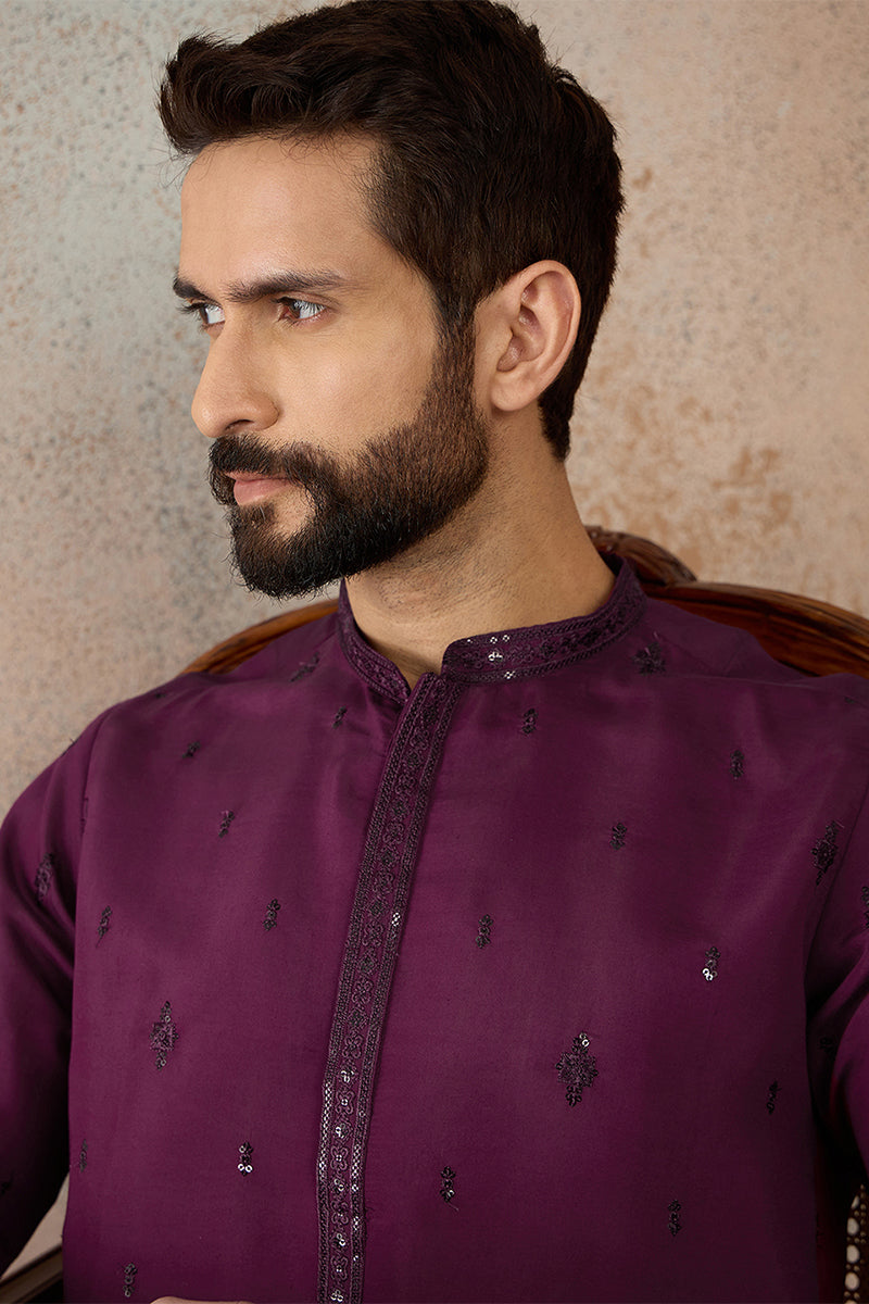 Men Purple Silk Blend Embroidered Straight Kurta MKU2288