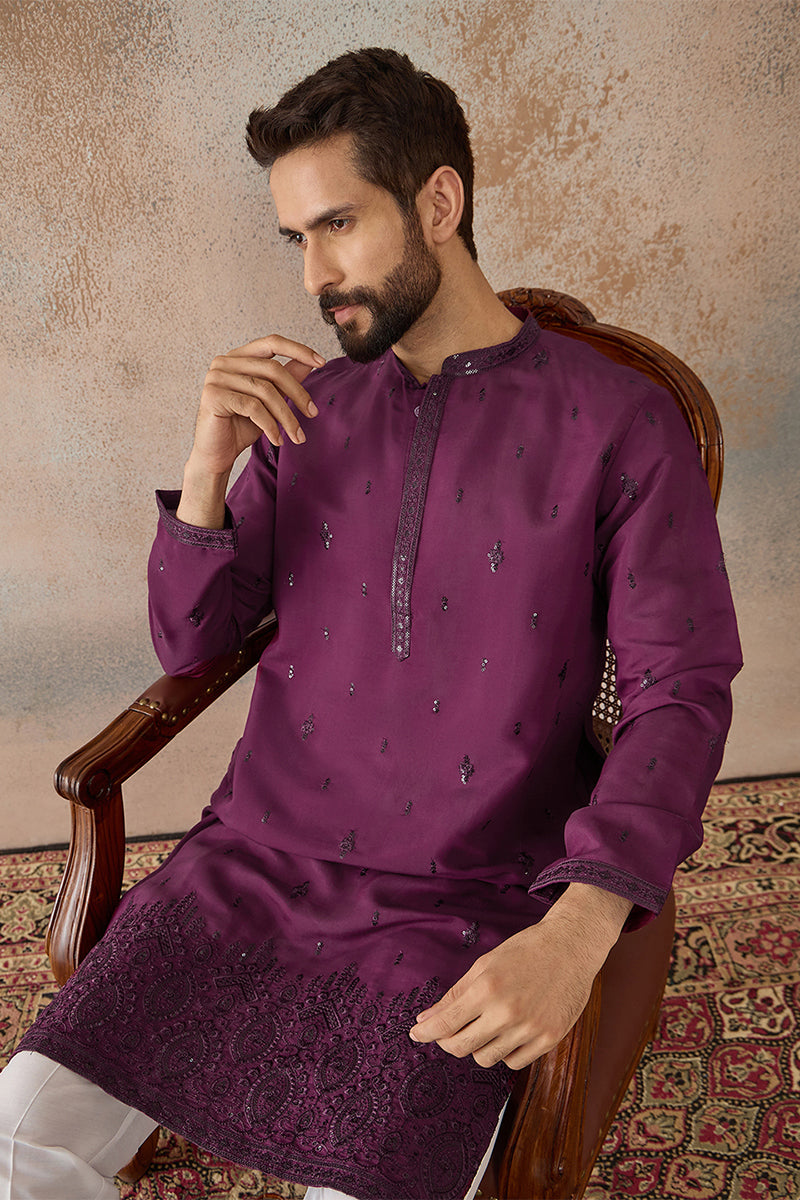 Men Purple Silk Blend Embroidered Straight Kurta MKU2288