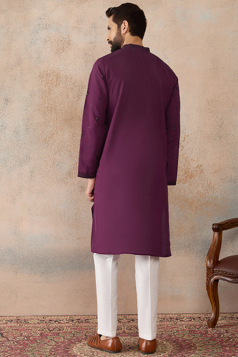 Men Purple Silk Blend Embroidered Straight Kurta MKU2288