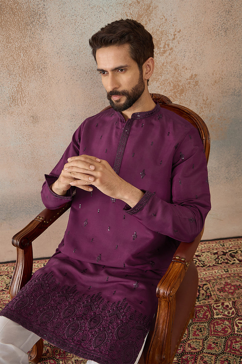 Men Purple Silk Blend Embroidered Straight Kurta