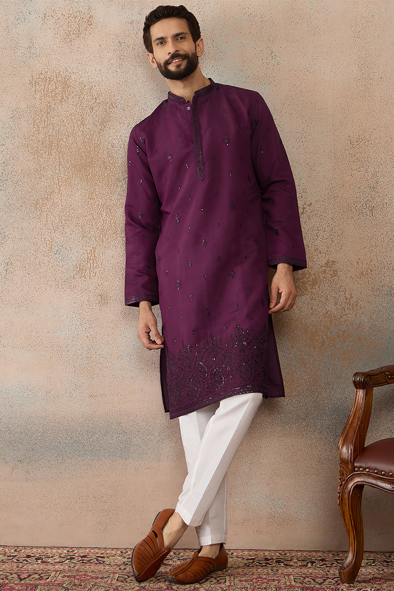 Men Purple Silk Blend Embroidered Straight Kurta