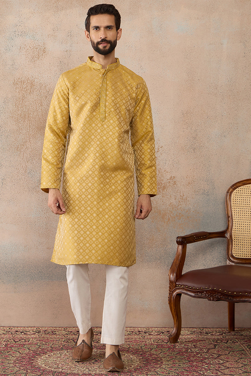 Mens Yellow Jacquard Ethnic Motifs Embroidered Kurta MKU2327