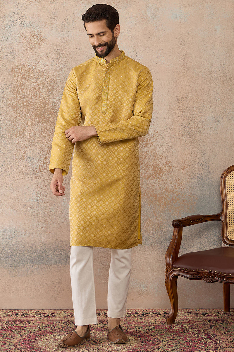 Mens Yellow Jacquard Ethnic Motifs Embroidered Kurta MKU2327