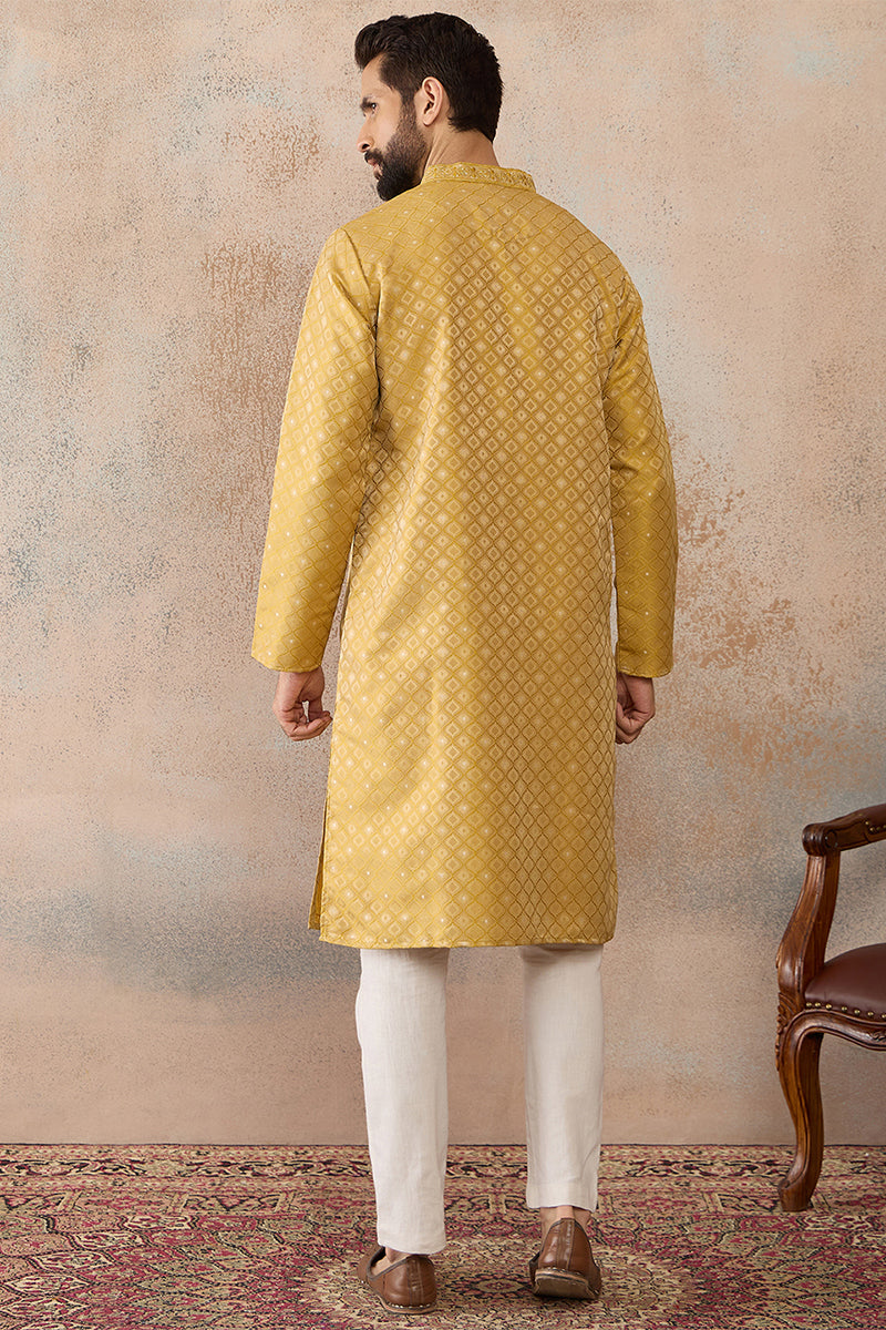 Mens Yellow Jacquard Ethnic Motifs Embroidered Kurta MKU2327
