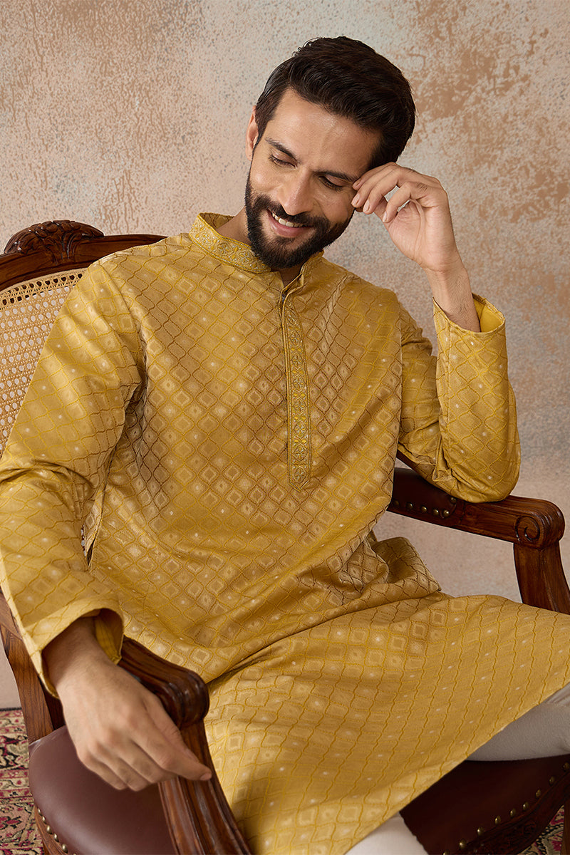 Mens Yellow Jacquard Ethnic Motifs Embroidered Kurta