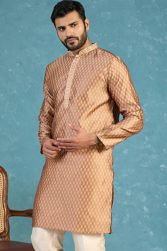 Mens Brown Jacquard Woven Design Straight Kurta MKU2343