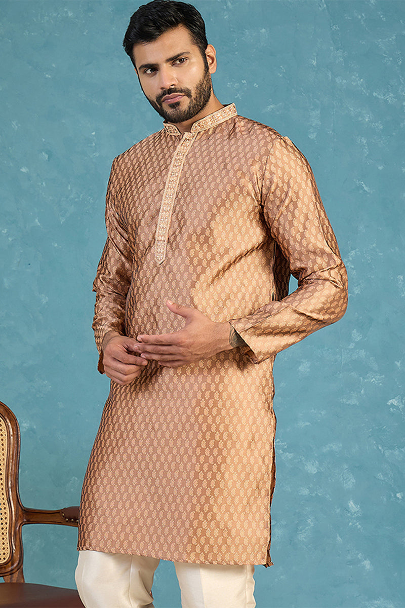 Mens Brown Jacquard Woven Design Straight Kurta With Trouser MKSET2343