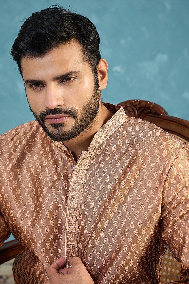 Mens Brown Jacquard Woven Design Straight Kurta With Trouser MKSET2343