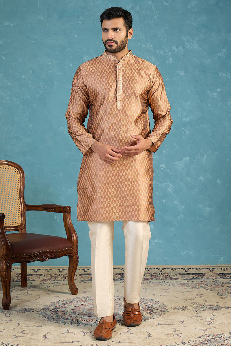 Mens Brown Jacquard Woven Design Straight Kurta MKU2343