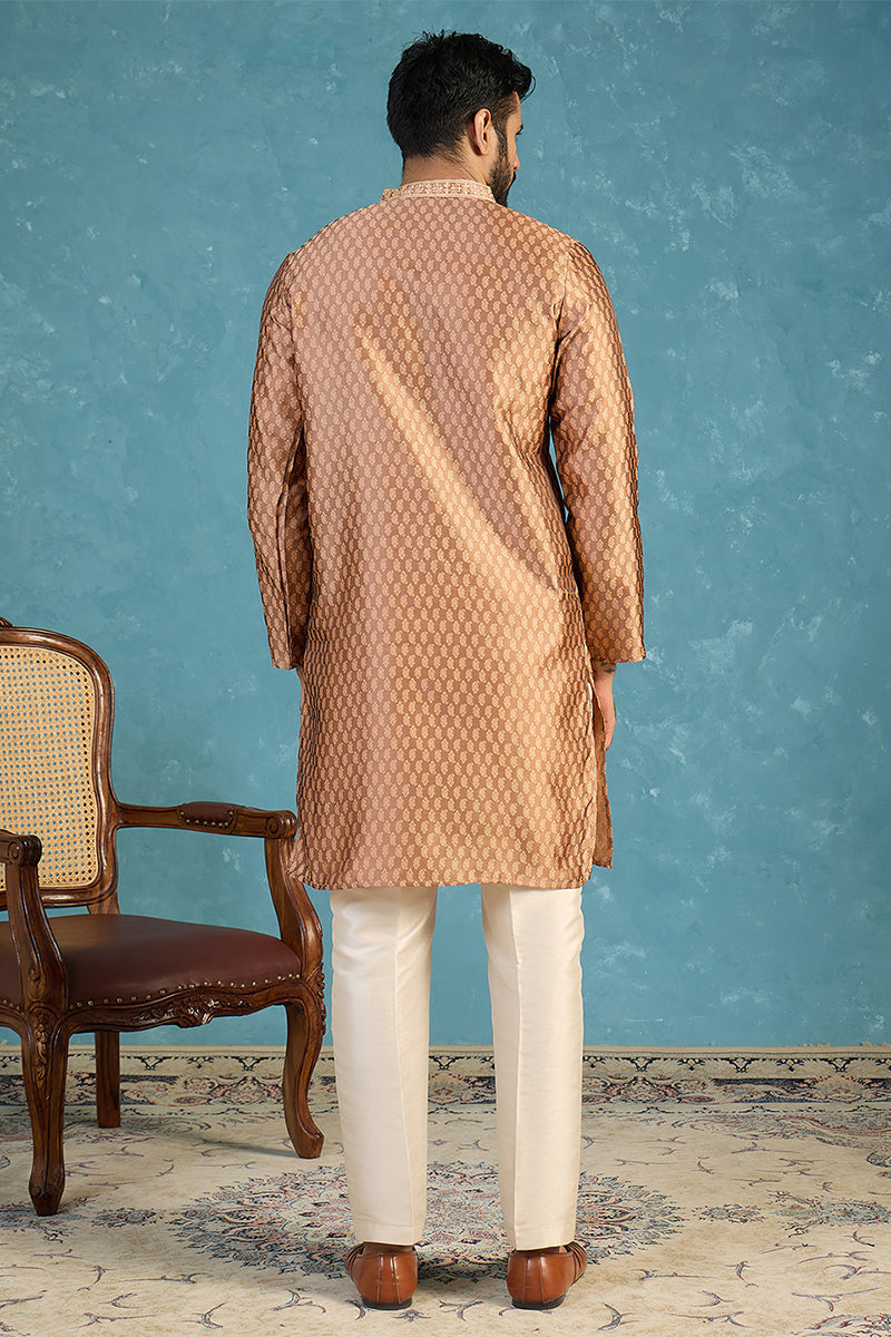 Mens Brown Jacquard Woven Design Straight Kurta With Trouser MKSET2343
