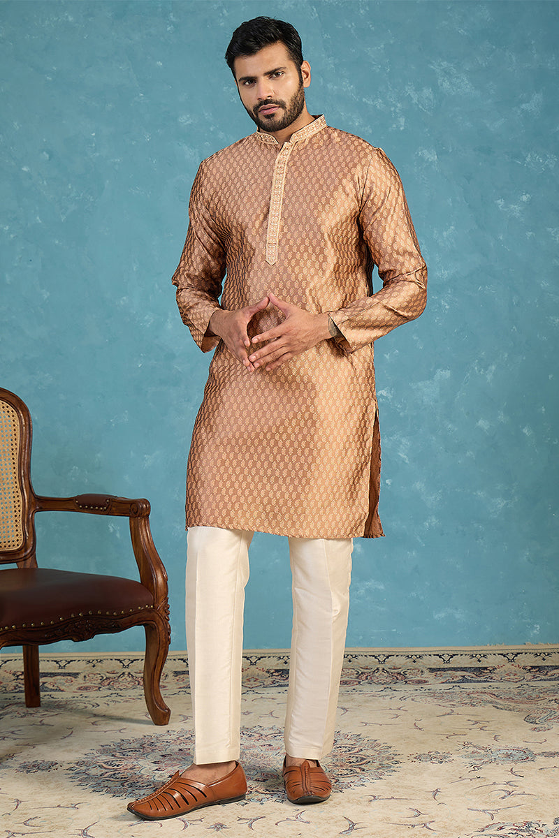 Mens Brown Jacquard Woven Design Straight Kurta With Trouser