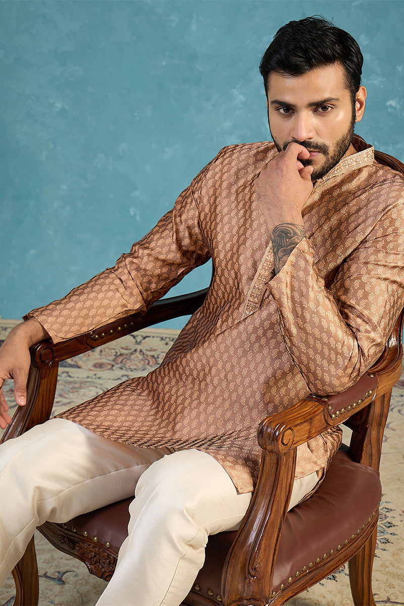 Mens Brown Jacquard Woven Design Straight Kurta With Trouser