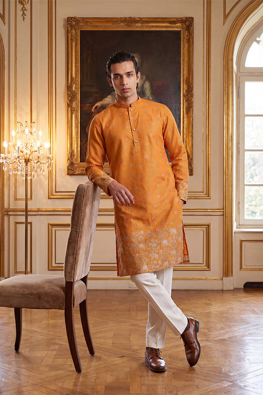 Mens Orange Silk Blend Woven Design Calf Length Straight Regular Kurta MKU2349