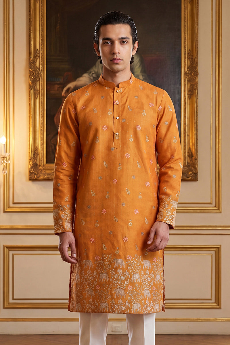 Mens Orange Silk Blend Woven Design Calf Length Straight Regular Kurta MKU2349