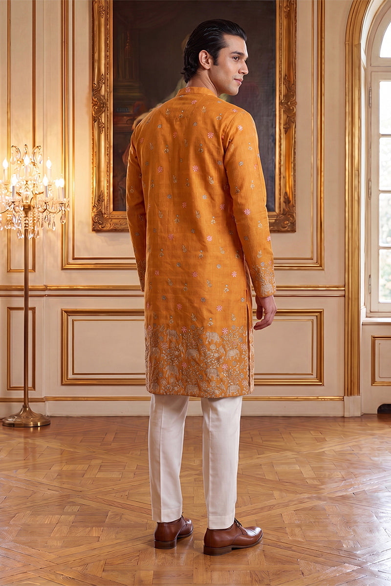 Mens Orange Silk Blend Woven Design Calf Length Straight Regular Kurta MKU2349