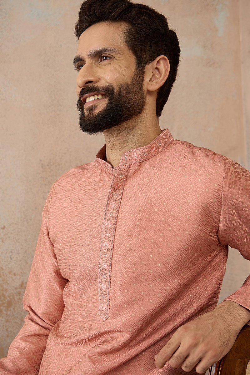 Men Peach Silk Blend Embroidered Mandarin Collar Straight Kurta with Trousers  MKSET2363