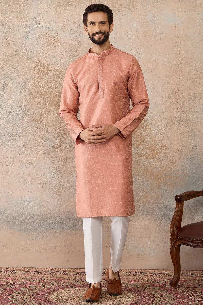 Men Peach Silk Blend Embroidered Mandarin Collar Straight Kurta with Trousers  MKSET2363