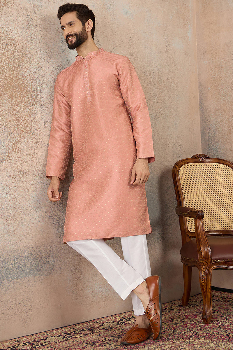 Men Peach Silk Blend Embroidered Mandarin Collar Straight Kurta with Trousers  MKSET2363