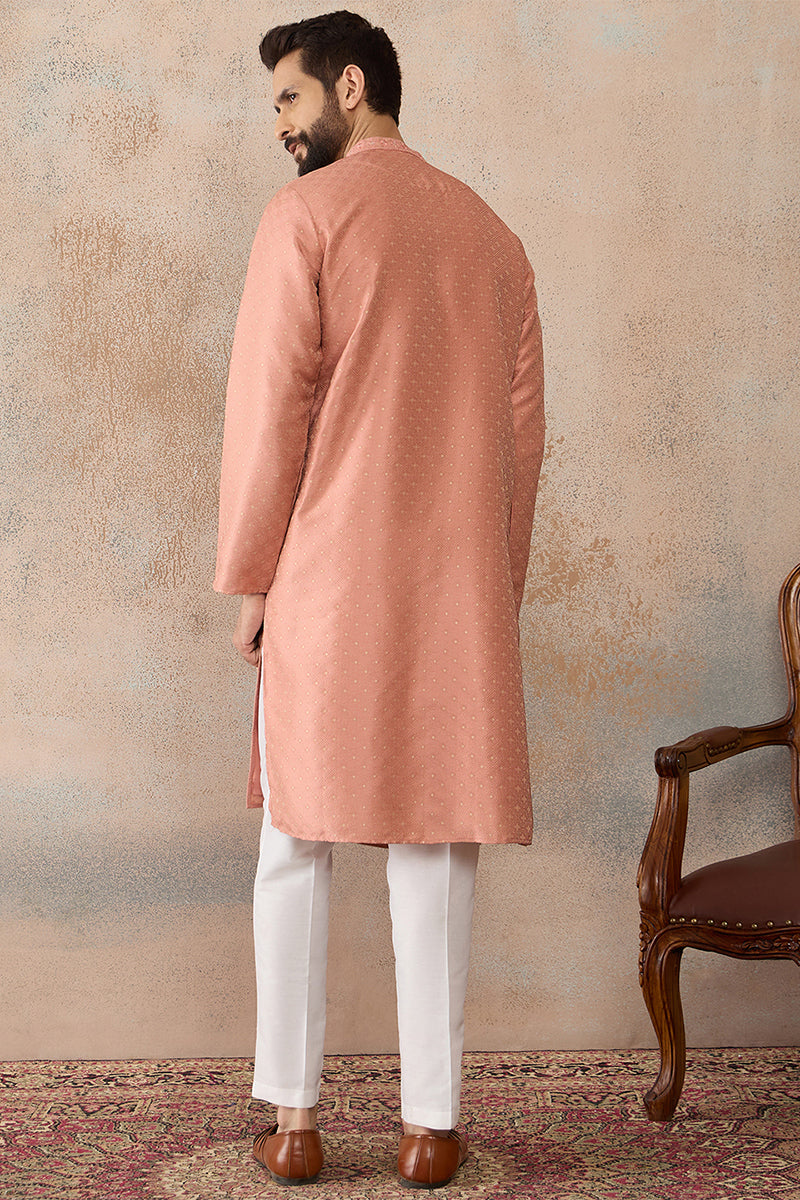 Men Peach Silk Blend Embroidered Mandarin Collar Straight Kurta with Trousers  MKSET2363