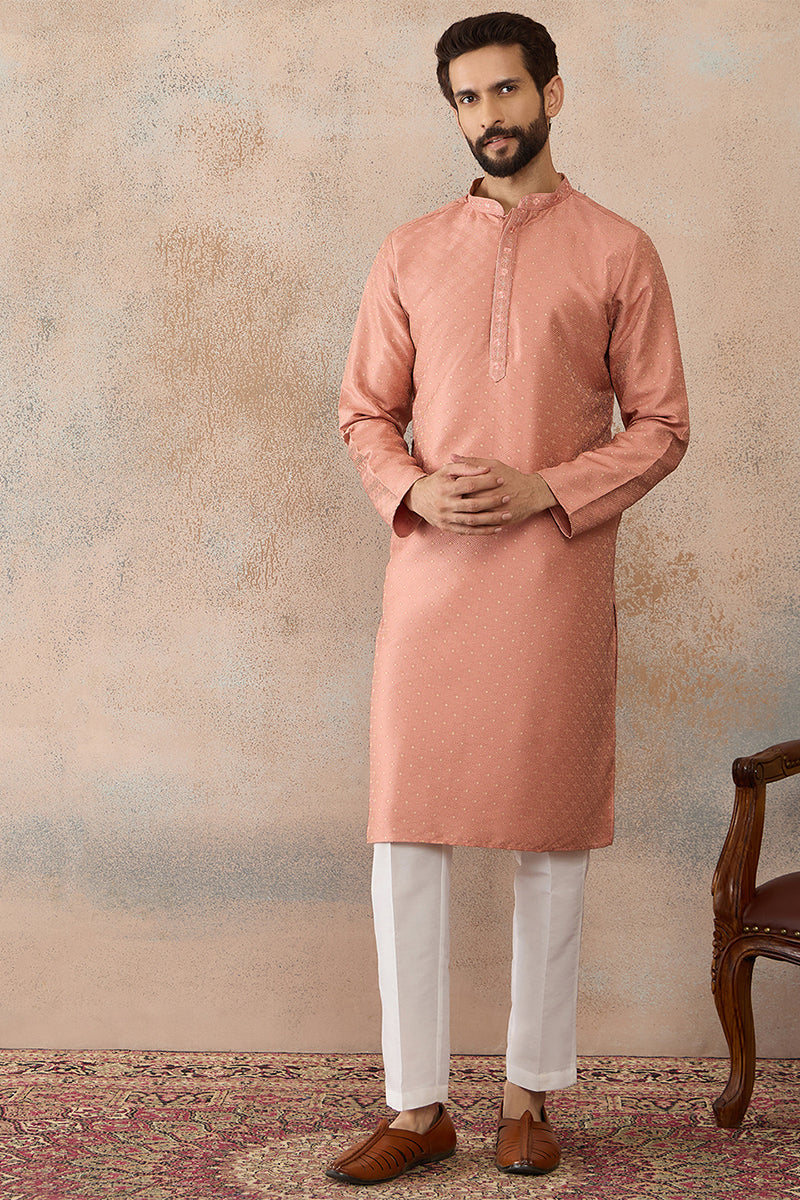 Men Peach Silk Blend Embroidered Mandarin Collar Straight Kurta with Trousers