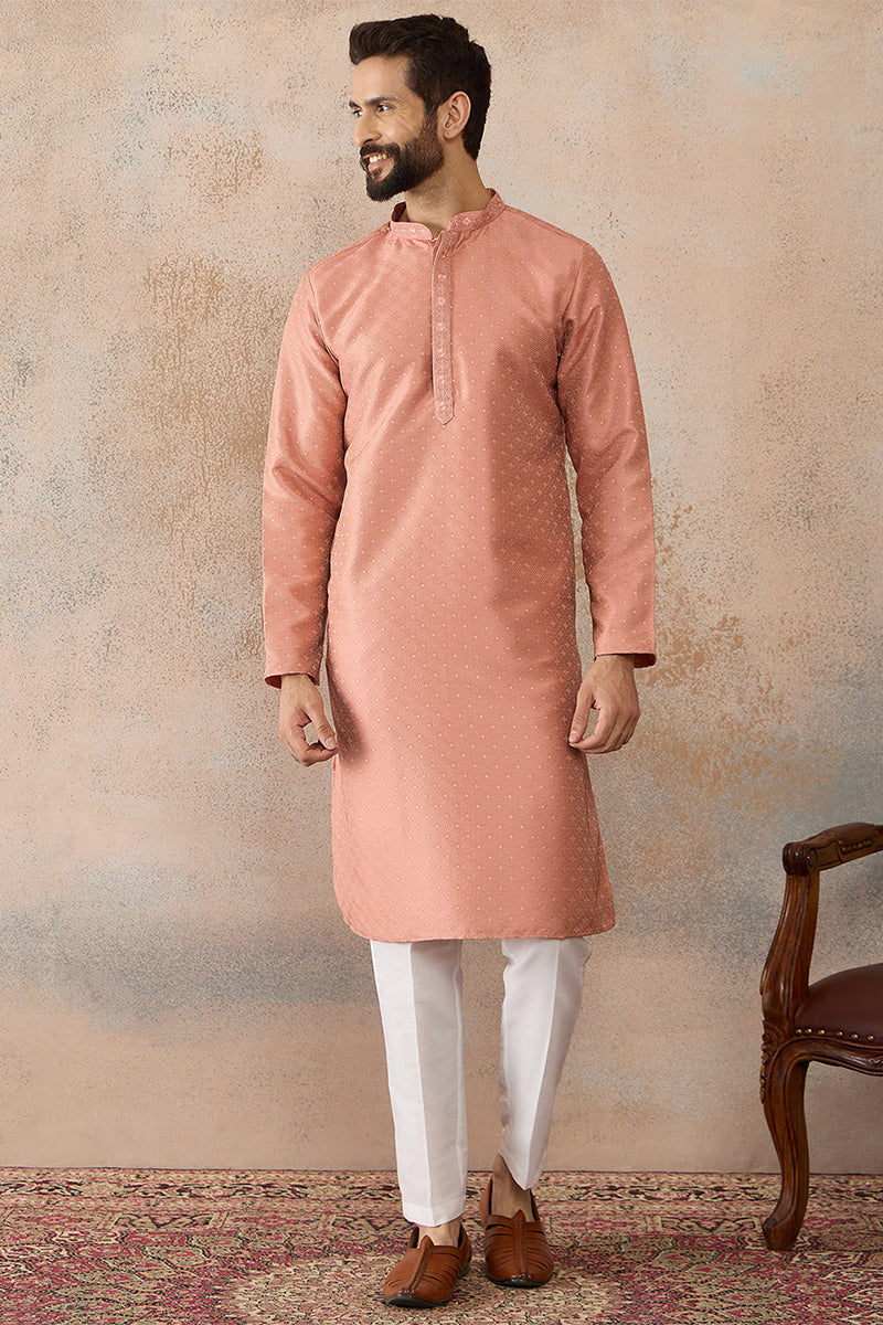 Men Peach Silk Blend Embroidered Mandarin Collar Straight Kurta
