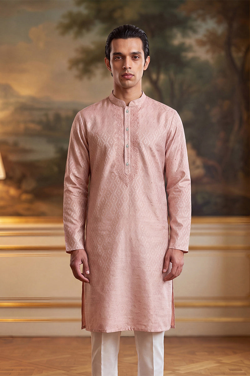 Mens Peach Linen Geometric Embroidered Kurta MKU2366