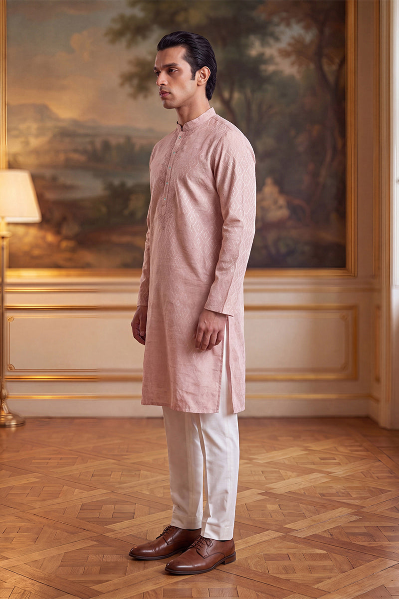 Mens Peach Linen Geometric Embroidered Kurta MKU2366