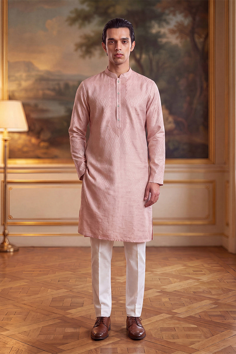 Mens Peach Linen Geometric Embroidered Kurta