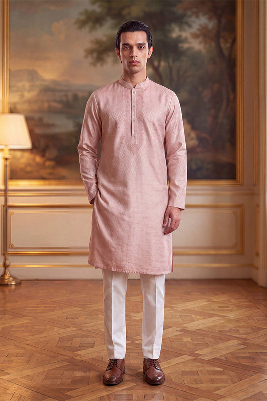 Mens Peach Linen Geometric Embroidered Kurta
