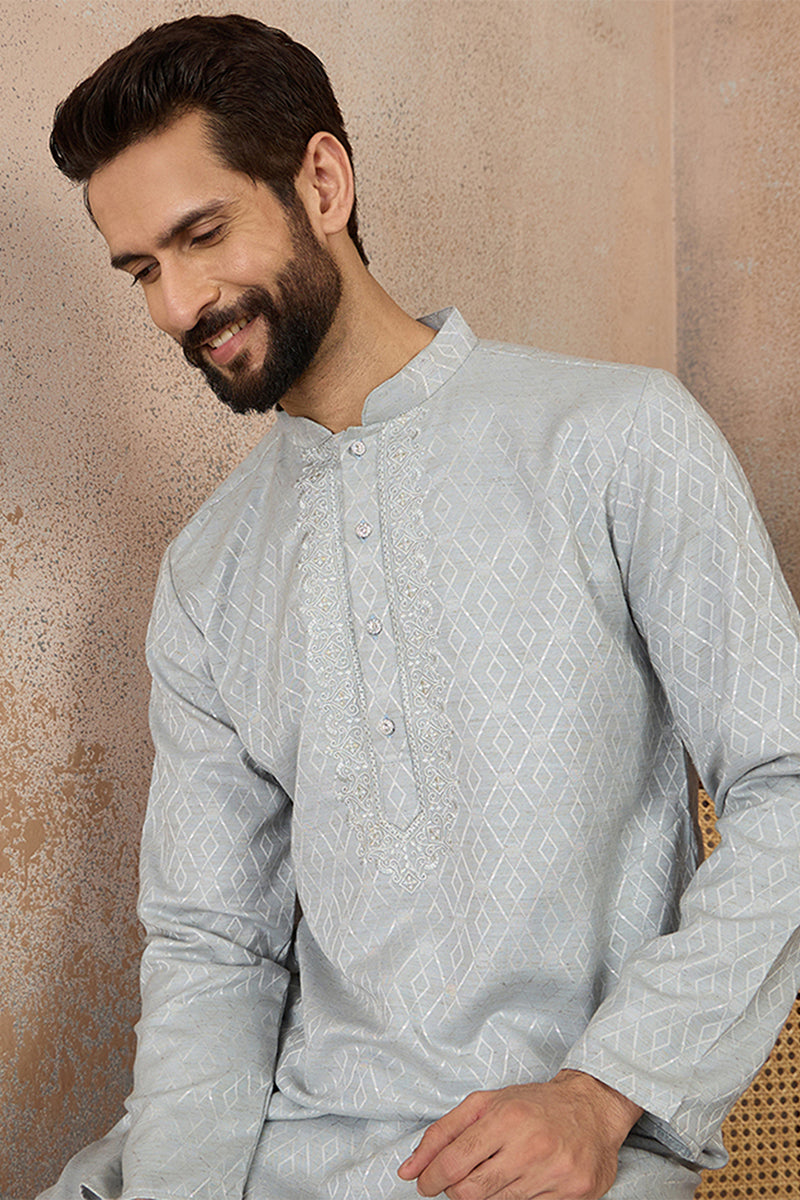 Mens Blue Linen Self Design Embroidered Kurta MKU2367